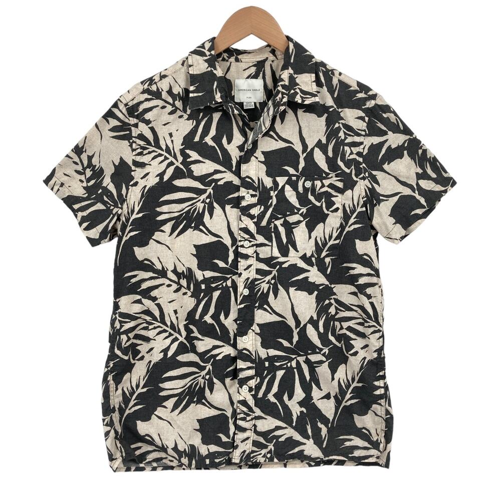 American Eagle Outfitters Button Up Shirt Men Small Beige Black Palm Leaf Collar